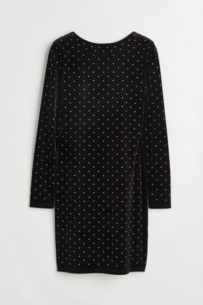 Long-sleeved Bodycon Dress - Black/rhinestones - Ladies | H&M US | H&M (US)
