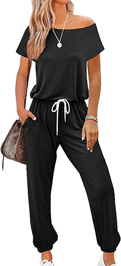 LILLUSORY Women's Casual Jumpsuits Short Sleeve Off Shoulder Loose Soild Elastic Drawstring Waist... | Amazon (US)