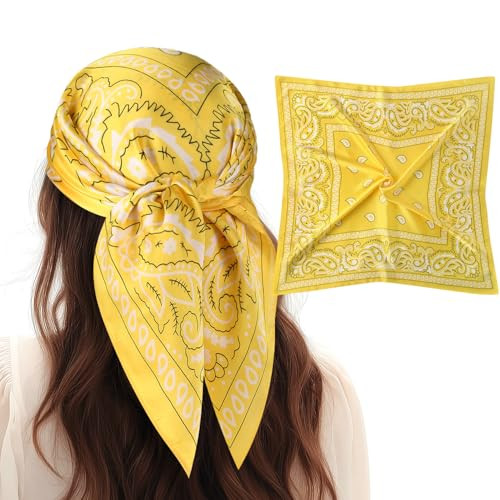 VBAEI 1 Pcs 27.5 Inches Satin Head Scarf Silk Like Stain Bandana Sleeping Hair Wrap Hair Scarf for Women(Yellow) | Amazon (US)