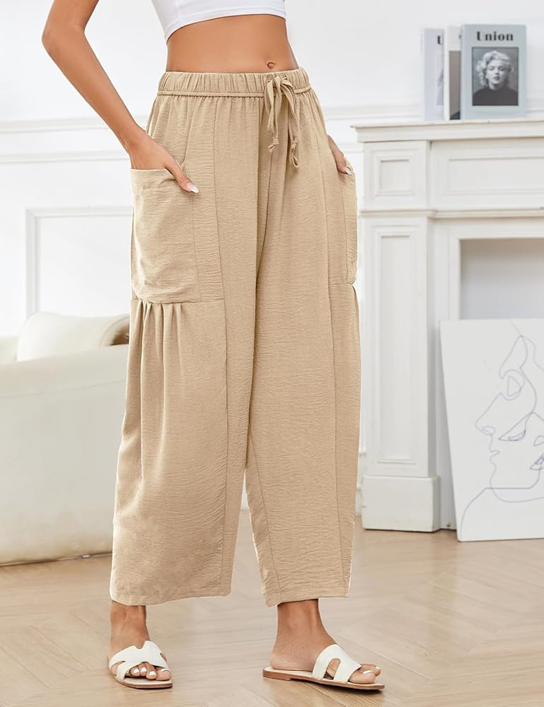 Kissonic Womens Wide Leg Pants Casual Loose Drawstring Flowy Summer Beach Palazzo Harem Pants wit... | Amazon (US)