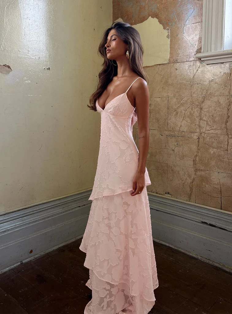 Lyricah Tiered Tie Back Maxi Dress Pink | Princess Polly US