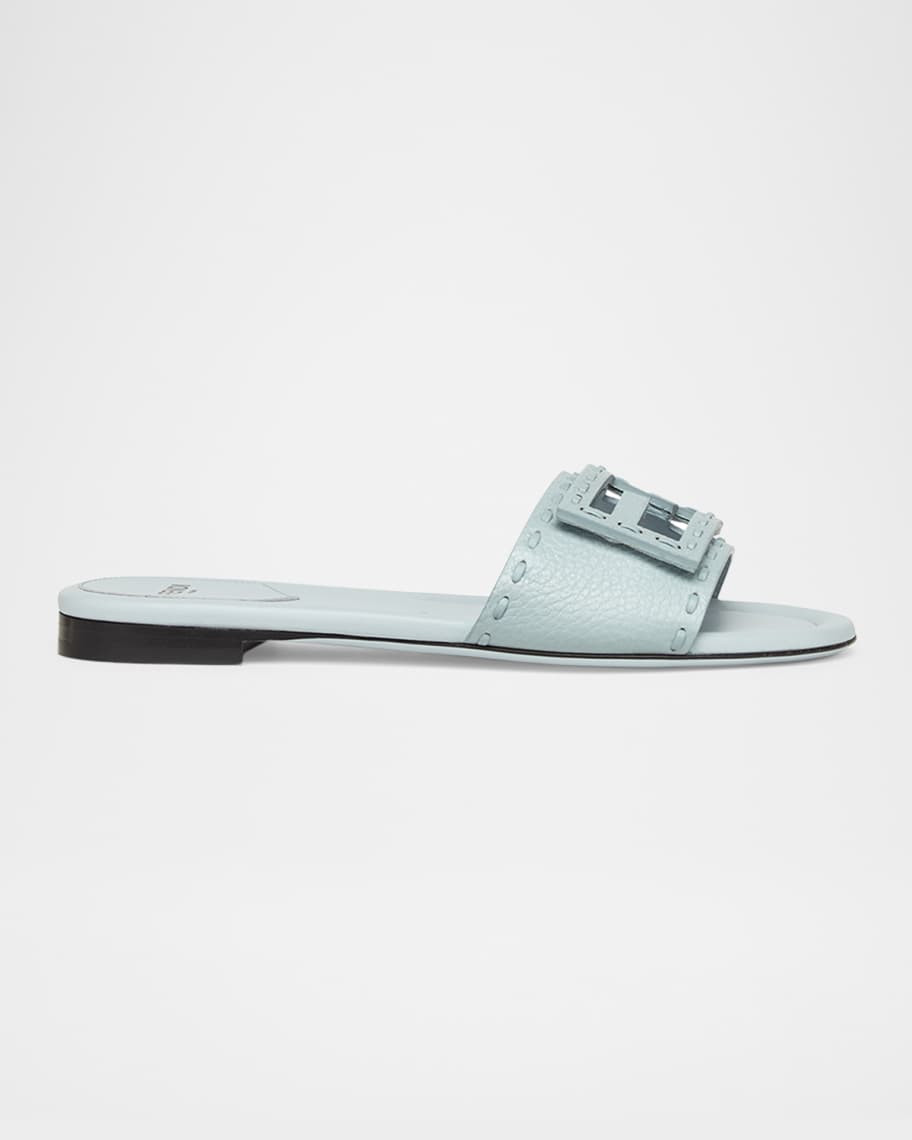 Baguette FF Leather Buckle Flat Slide Sandals | Neiman Marcus