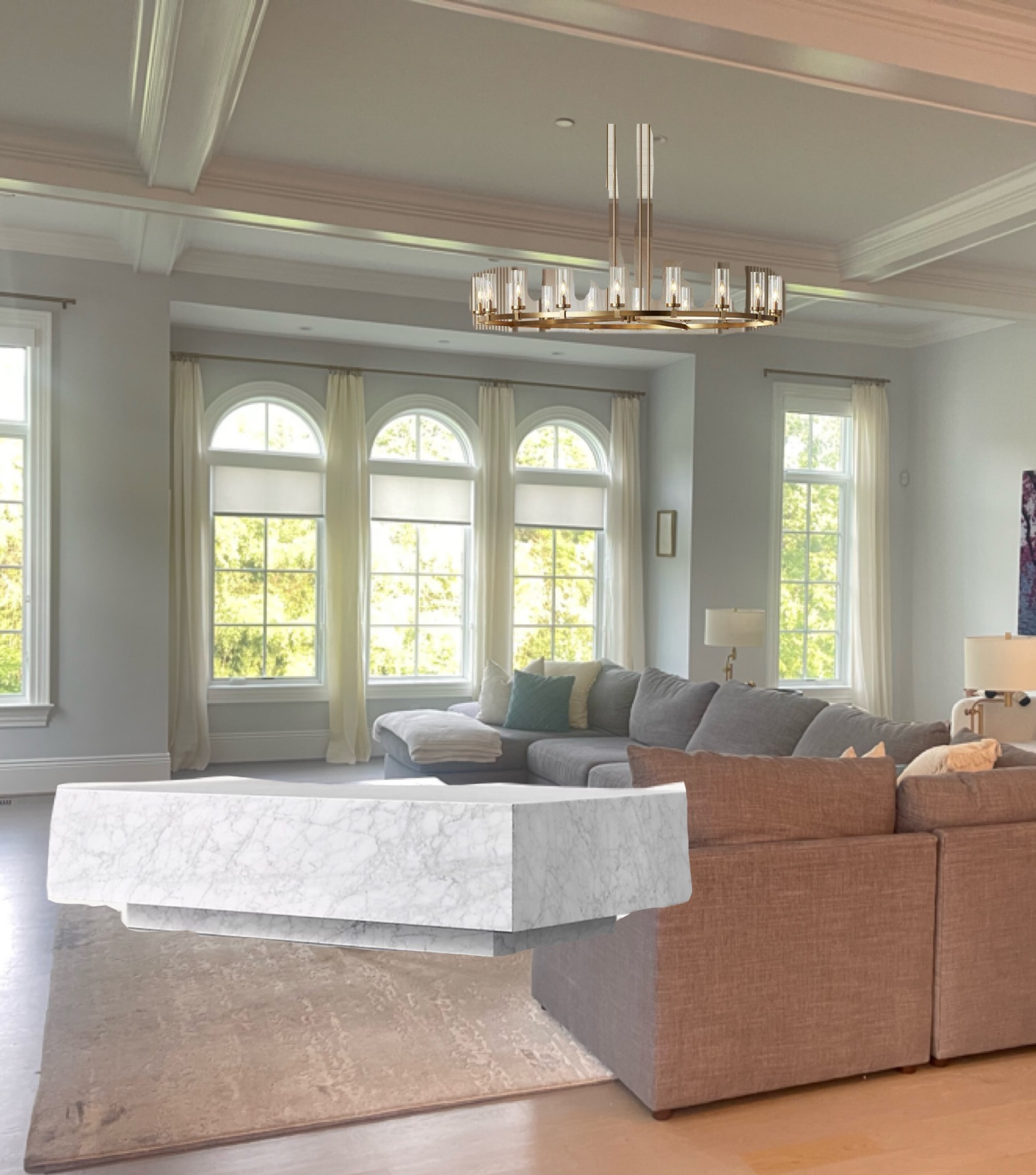 For My Fall Refresh 🤍 I’m adding a beautiful marble coffee table and brushes brass contemporary wagon wheel chandelier. 