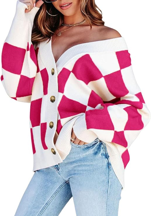 Dokotoo Womens Plaid V Neck Button Down Long Sleeve Cable Knit Oversized Cardigan Sweaters Tops | Amazon (US)