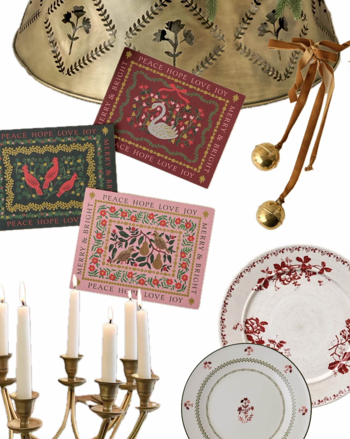 Holiday decor sale! 

Tree collar, stationary, brass bells, candelabra, dishes, garlands & wreaths. 