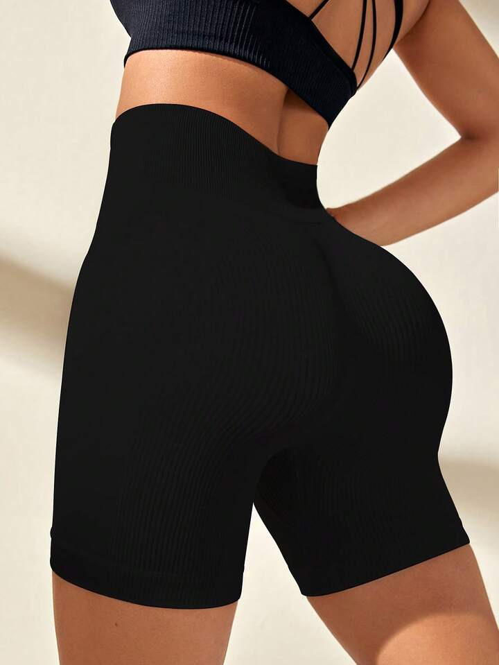 SHEIN Yoga Basic Sólido Canelado Cintura Larga Shorts Esportivas | SHEIN