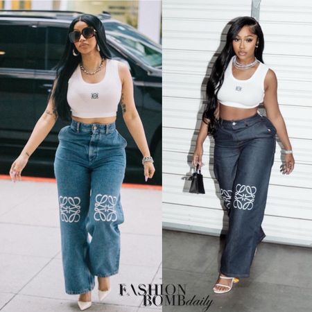 #whoworeitbetter ? Both @yungmiami305 and @iamcardib have been spied in this $420 #loewe cropped tank and $896 logo jeans. While #cardib was styled by @kollincarter in white pumps, #yungmiami was styled by @shaqpalmerr with #loewesandals . Both look 💣, but #wwib ?
Shop this look at the #linkinbio under #shopourfeed .
📸 Backgrid / @shotzthatkill 
#cardibfbd #cardib #loewe #yungmiamifbd 