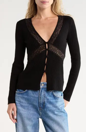Reformation Sunnvia Lace Cashmere Cardigan in Black at Nordstrom Rack, Size Large | Nordstrom Rack