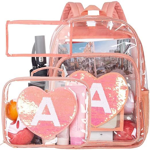 3PCS Clear Backpack, Heavy Duty Transparent Bookbag, See Through Sequin School Bag - Orange | Amazon (US)