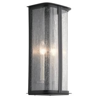 KICHLER Timmin 18 in. 2-Light Distressed Black Outdoor Wall Lantern Sconce with Clear Seeded Glas... | The Home Depot