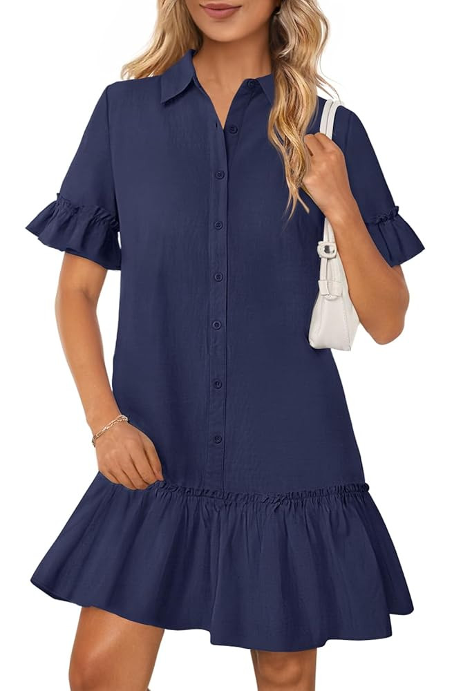 MEROKEETY Women's Summer Button Down Shirt Dress Casual Ruffle Sleeve Shift Mini Dresses with Poc... | Amazon (US)