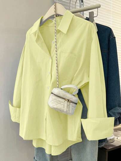 SHEIN EZwear Plus Size Women Single Breasted Pocket Casual Blouse, Long Sleeve, Solid Color | SHEIN