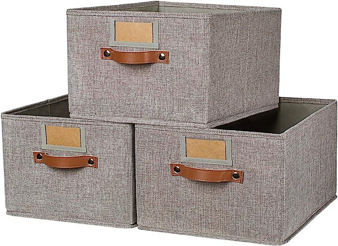 OLLVIA Large Fabric Storage Bins 3 Pack, 15.7x11.8x8.3 Foldable Storage Baskets with Labels, Deco... | Amazon (US)