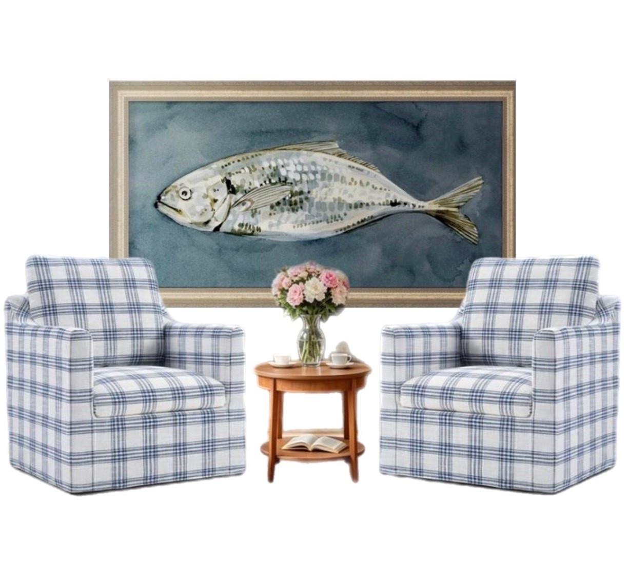 Coastal southern home vibes — plaid chairs under $500 for the set! And oversized fish art under $100