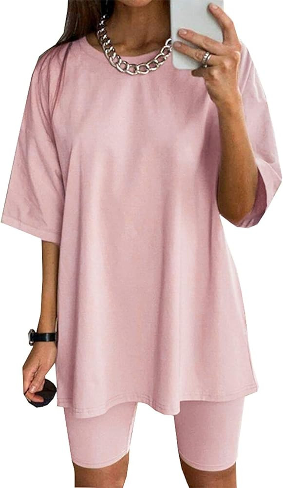 Women Casual 2 Piece Outfits Loose T-Shirt Bodycon Shorts Set Workout Sports Tracksuit with Belt | Amazon (US)