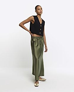 Khaki Satin Tie Waist Maxi Skirt | River Island (UK & IE)
