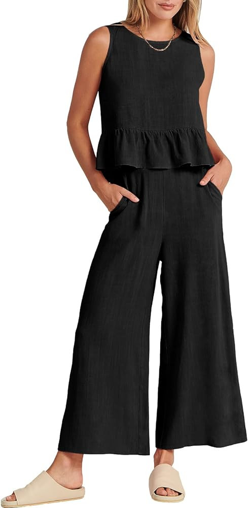 ANRABESS Women Summer 2 Piece Outfits Sleeveless Tank Crop Top Wide Leg Pants Linen Jumpsuits Lou... | Amazon (US)