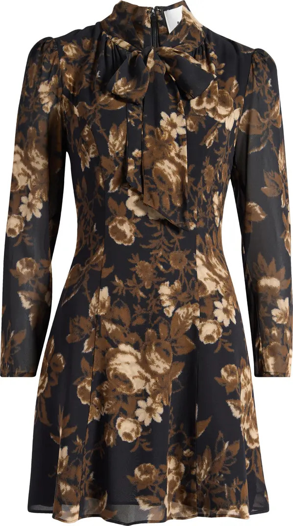 Sunna Floral Tie Neck Long Sleeve Minidress | Nordstrom