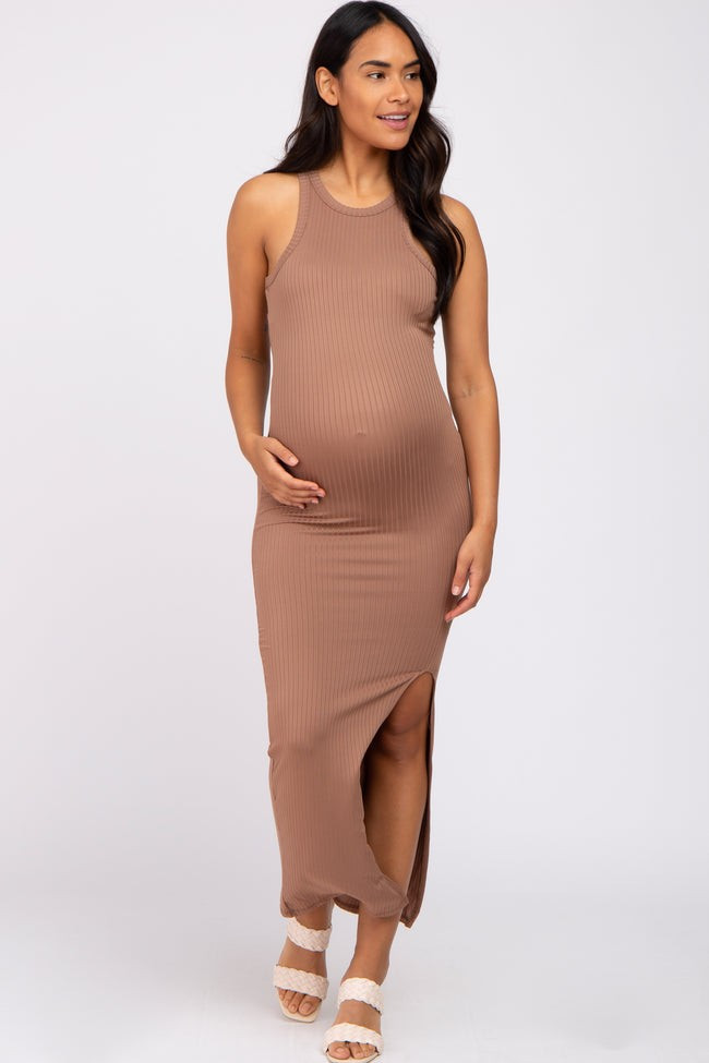 Mocha Ribbed Sleeveless Side Slit Maternity Dress | PinkBlush Maternity