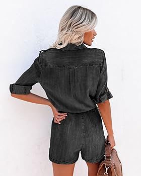 Paintcolors Women's Button Down Pockets Belted Washed Denim Jumpsuits Rompers | Amazon (US)