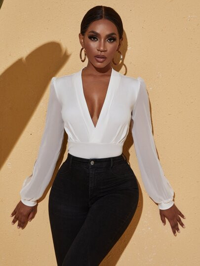 Plunging Neck Split Sleeve Plicated Bodysuit | SHEIN