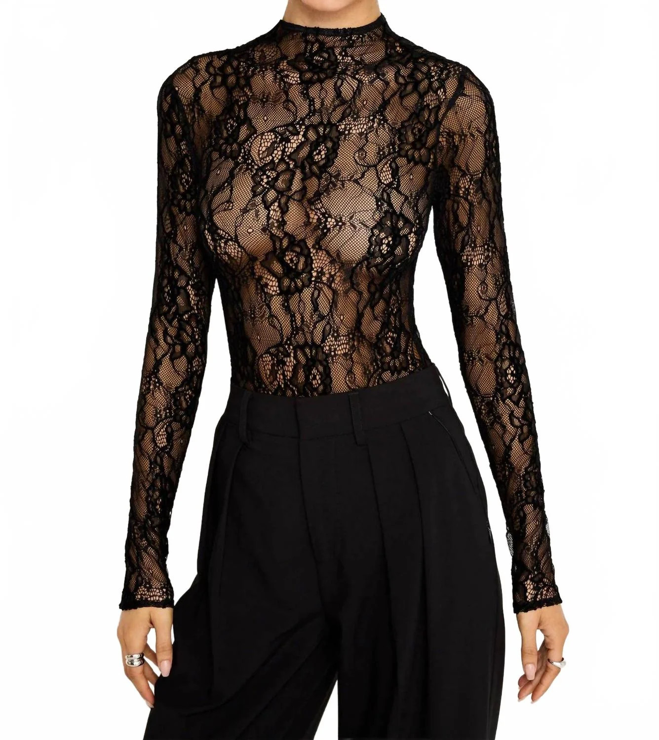 Lace Long Sleeve Bodysuit In Black | Shop Simon
