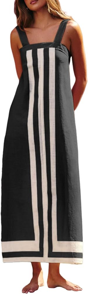 Ailoqing 2025 Women Bohemian Floral Dress Summer Casual Color Block Maxi Beach Overall Dress Cove... | Amazon (US)