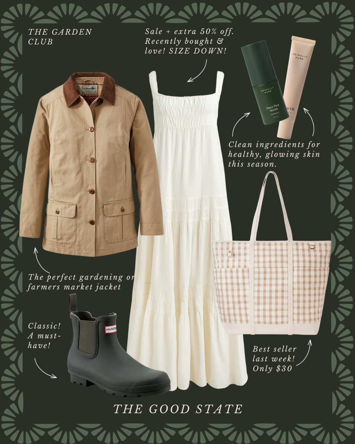 This collection is for the garden girlies who find joy in being outside—rain or shine. For the ladies dressing a little brighter this time of year, wearing all the florals, and who have (or need) a cute rain jacket or colorful umbrella to make rainy days a little happier. This collection is for the ladies giving gardening a try for the first time or those tending to the same garden they have poured their heart and soul into for years. For those cultivating the soil of their hearts and homes too. For the girlies who love earth tones and blooming colors too. 

The good state, Lauren England, terrain, Anthropologie, Amazon, Amazon home, Amazon beauty, spring fashion, summer fashion, maxi dress, casual outfit, crochet top, gardening, flowers, florals, spring outfit, wreath, pottery barn, nordstrom, coffee table book, LL Bean, clean beauty, wedding guest dress, bag, tote, purse, woven purse, rain boots, Sunhat, flat, JCrew JCrew factory, white dress, sunglasses, quince, gold necklace, summer outfit, summer style, summer fashion, sale, ootd, 

#LTKStyleTip #LTKFindsUnder50 #LTKSaleAlert