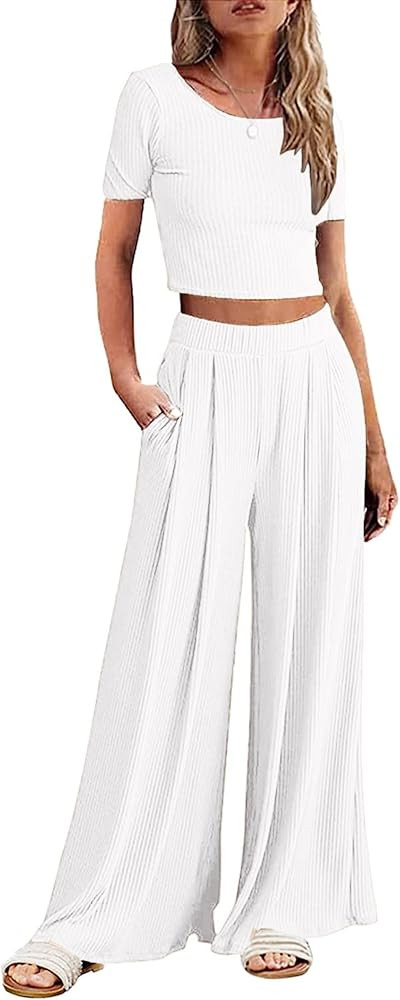 Ekouaer Women's 2 Piece Lounge Sets Ribbed Knit Crop Top Wide Leg Pants with Pockets S-XXL | Amazon (US)