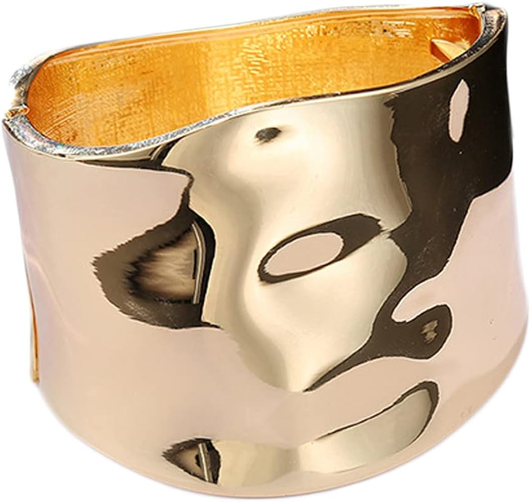 Amazon.com: Fuqimanman2020 Chunky Gold Tone Wide-Edge Metal Cuff Bracelet Bangle Wrist Cuffs Groo... | Amazon (US)