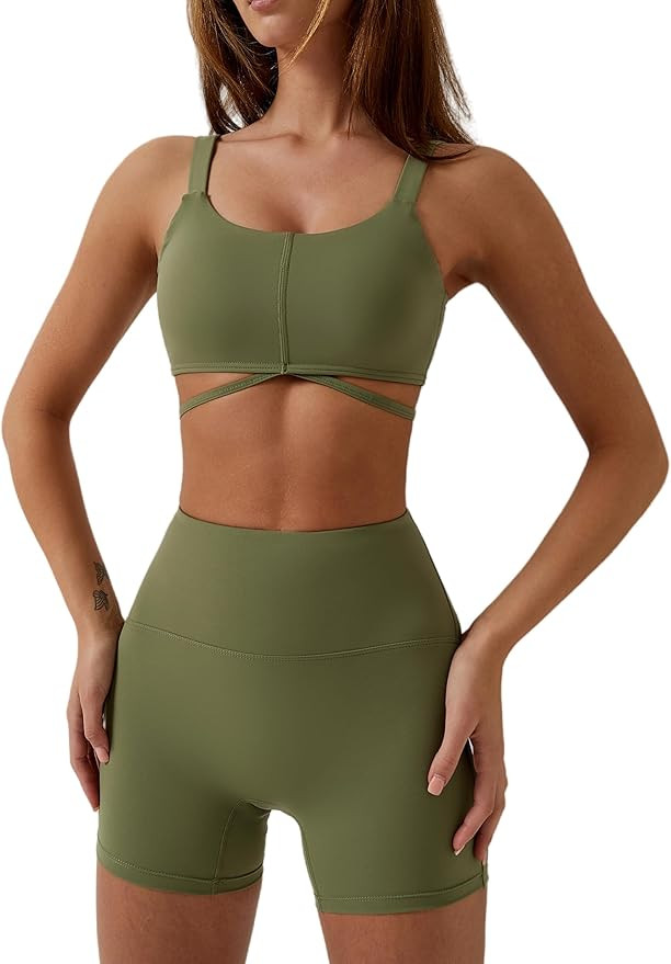 ABOCIW Workout Sets for Women 2 Piece Twist Front Halter Sports Bras High Waist Biker Shorts Exer... | Amazon (US)