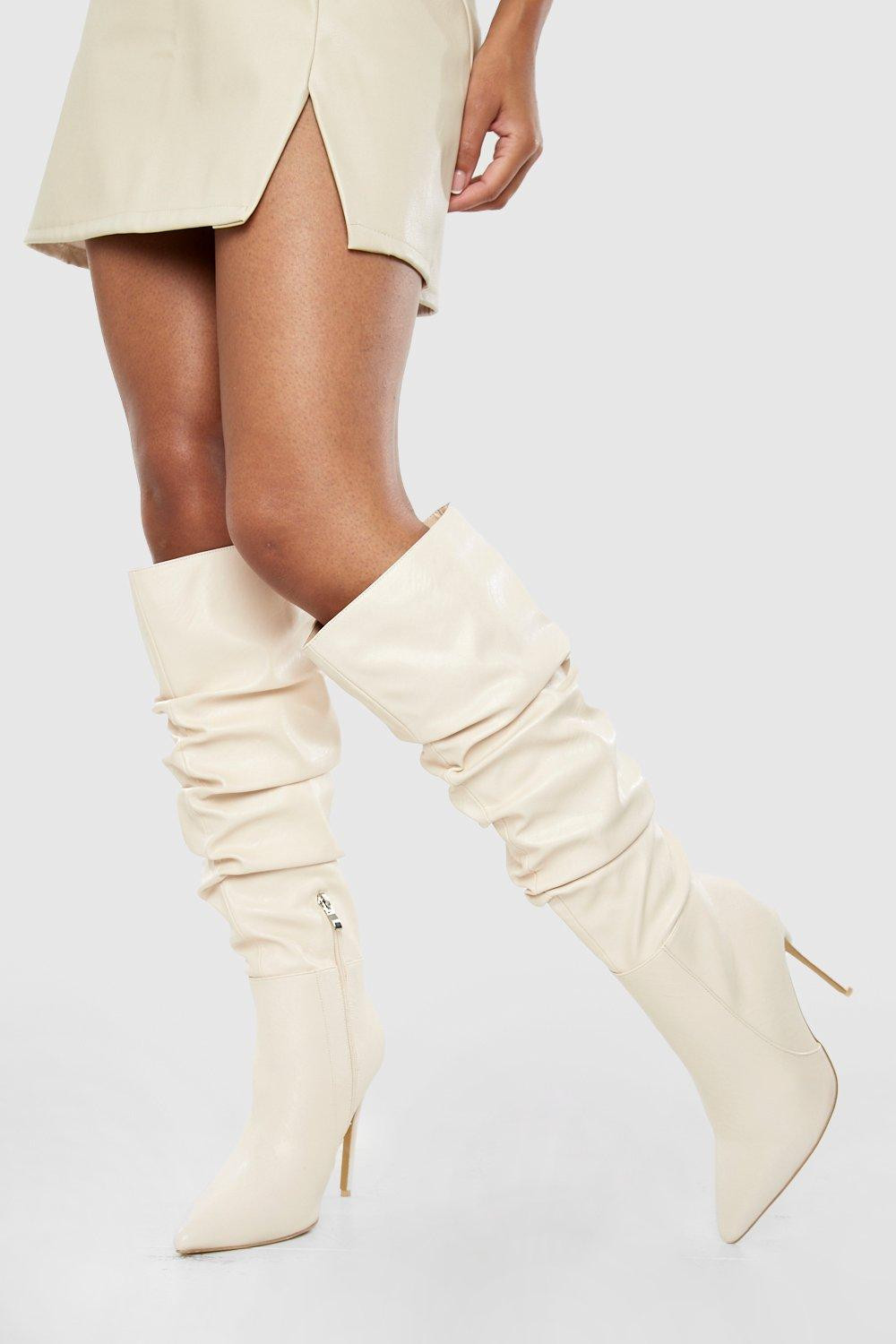 Womens Wide Width Ruched Detail Knee High Boot - Cream - 8 | Boohoo.com (US & CA)