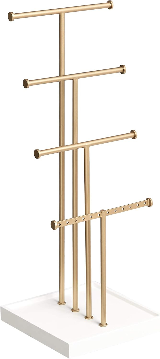 Amazon Basics Four-Tier Jewelry Organizer Tree Stand, Necklace Earring Bracelet Holder with Ring Storage, White/Brass | Amazon (US)