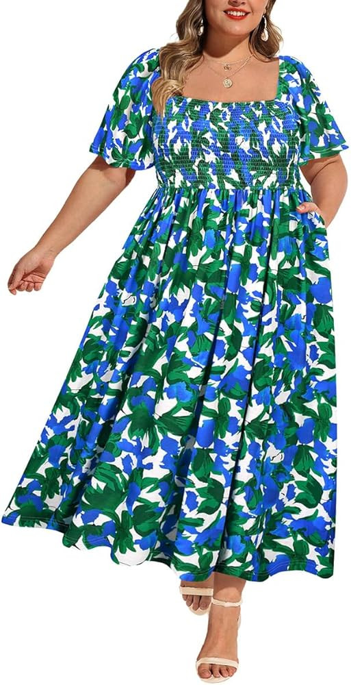 RITERA Plus Size Dresses for Curvy Women Square Neck Short Sleeve Summer Floral Smocked Maxi Dres... | Amazon (US)
