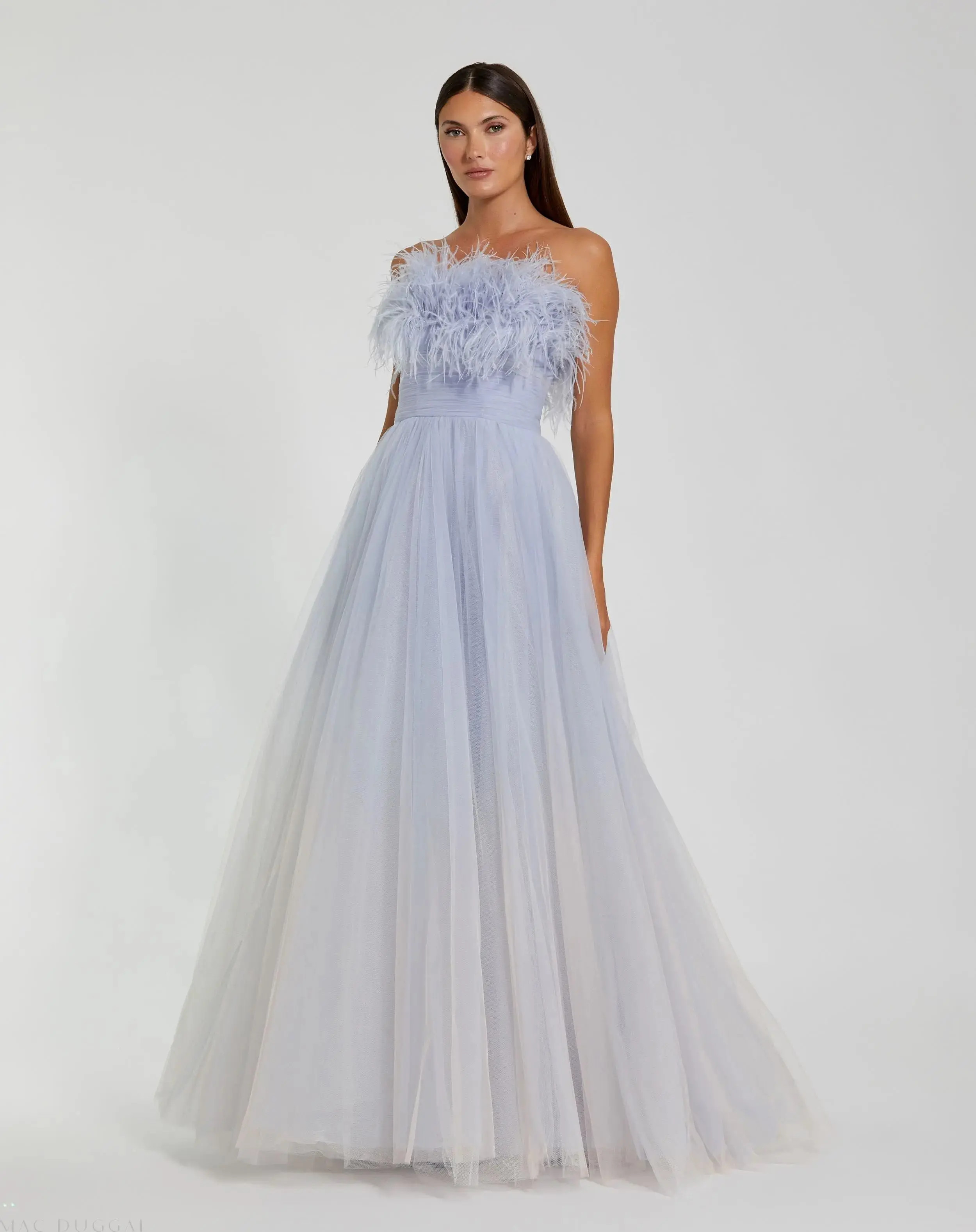 Blue Ombre Strapless Feather Bodice Tulle Gown | Mac Duggal