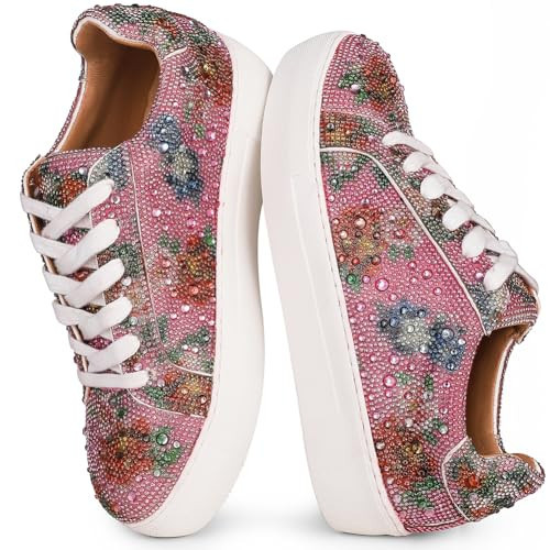 Lovee Cosee Floral Platform Rhinestone Sneakers for Women Sparkly Lace up Sequin Tennis Shoes Bedazzled Shiny Bling Wedding Fashion Sneaker Bridal Bride Pink Sneaker Dress Size 8 | Amazon (US)