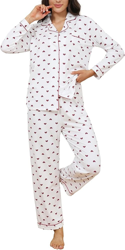 Cotton Pajamas for Women Set, Long Sleeve Button Down Shirts and Pants Sleepwear Cute Pjs 2 Piece... | Amazon (US)