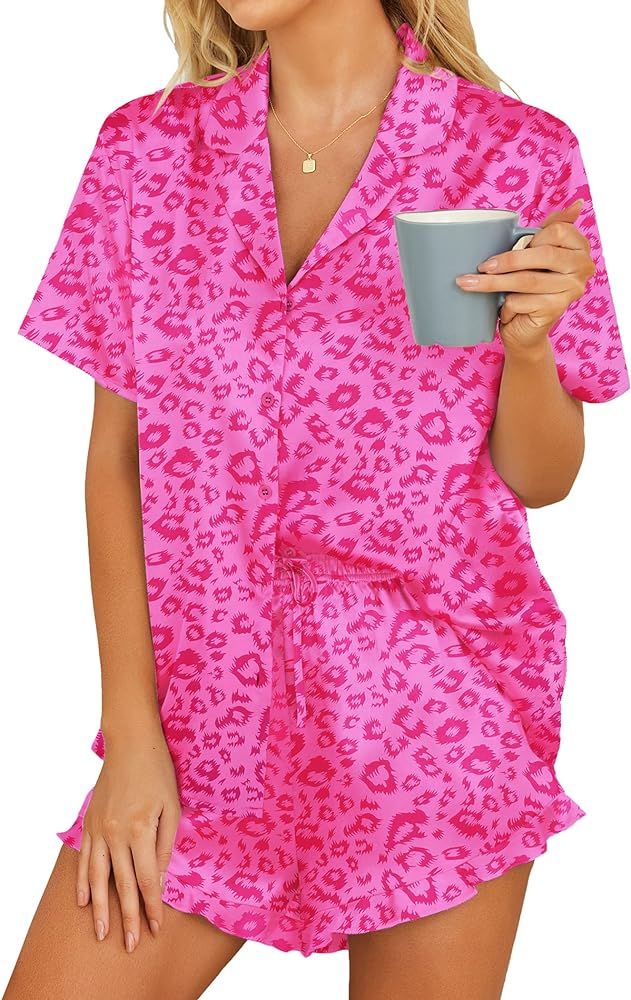 HOTOUCH Womens Satin Pajamas Set Button Down 2 Piece Silk Pjs Shorts Set Ruffle Lingerie Notch Co... | Amazon (US)