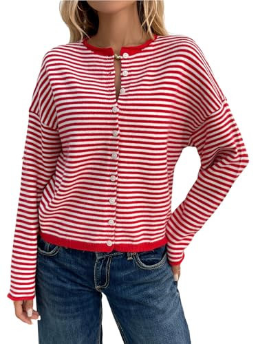 utcoco Women's Cropped Striped Button Down Knit Cardigans Soft Lightweight Cardigan Sweaters Outerwear (Medium, Red) | Amazon (US)