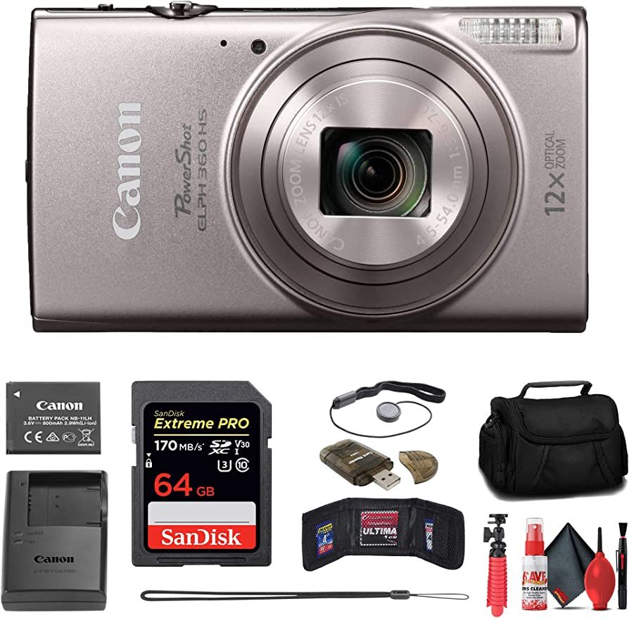 Canon PowerShot ELPH 360 HS Digital Camera (Silver) (1078C001) + 64GB Memory Card + Case + Card R... | Amazon (US)