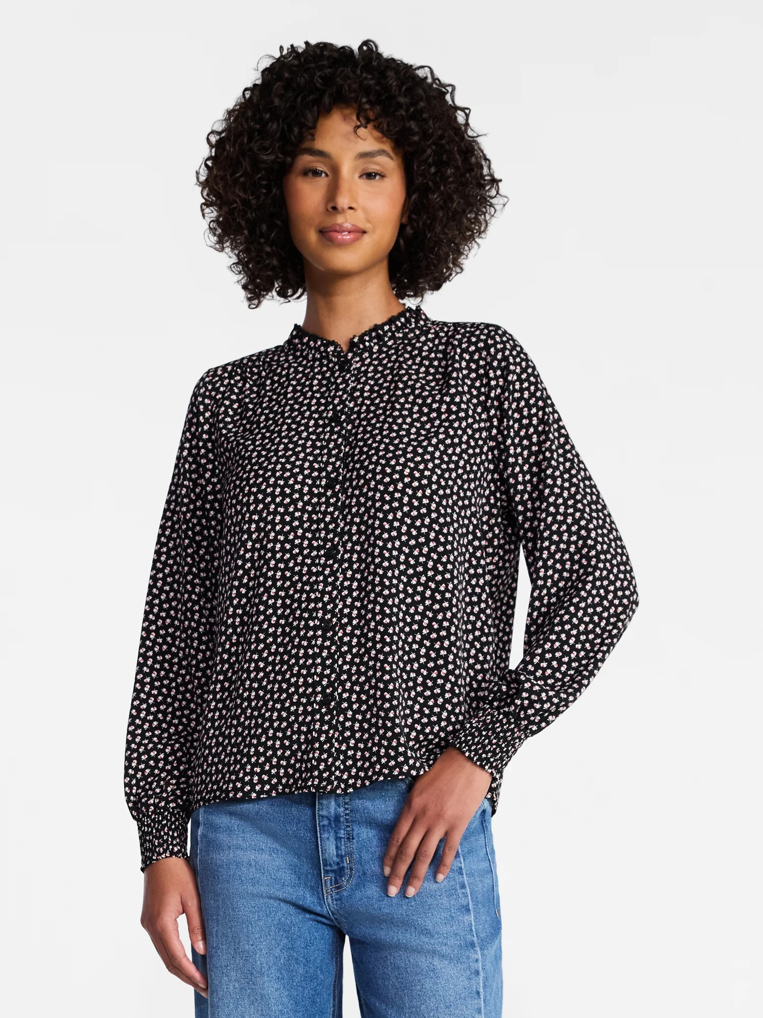 Time and Tru Women's Ruffle Button Down Blouse with Long Sleeves, Sizes XS-XXXL | Walmart (US)