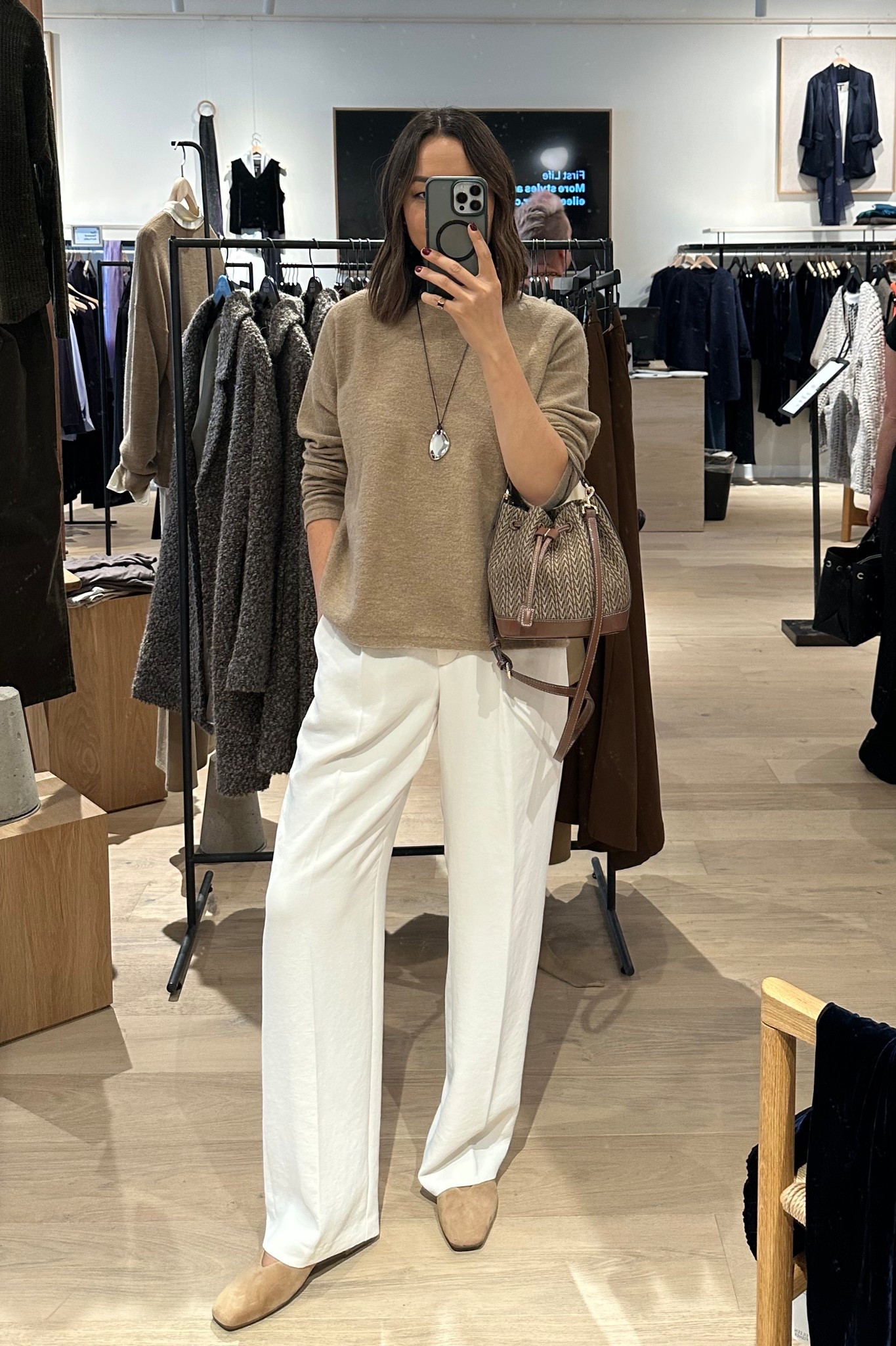 Elevated occasion outfit with flats 

Eileen fisher sweater xs
Aritzia effortless pants 
Sam Edelman ballet flats 