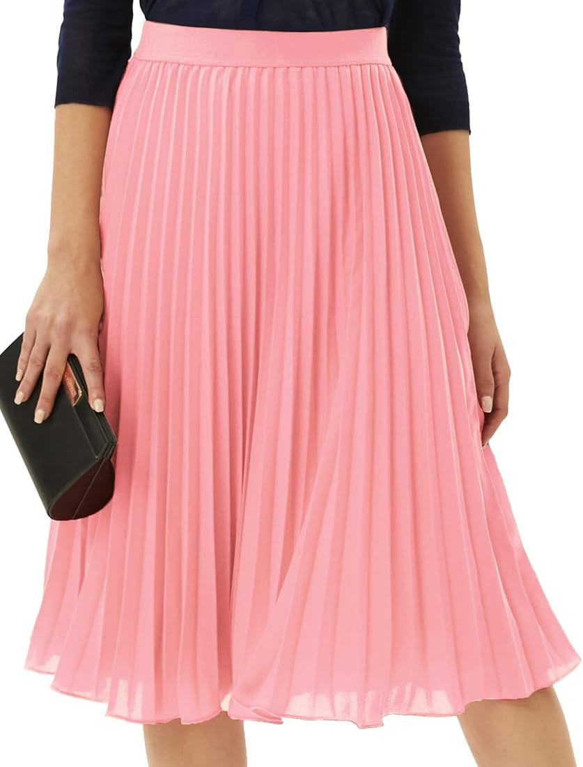 Women High Elastic Waist Pleated Chiffon Skirt Midi Swing A-line Skirts | Amazon (US)