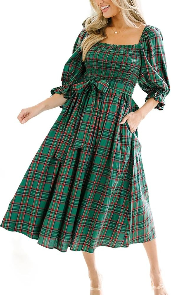 Women Christmas Plaid Sleeveless Maxi Dress Fall Ruffle Sleeve Cocktail Long Dresses Vintage Ging... | Amazon (US)