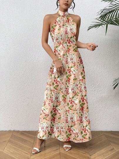 SHEIN Frenchy Fashionable Full Print Halter Neck Maxi Dress | SHEIN