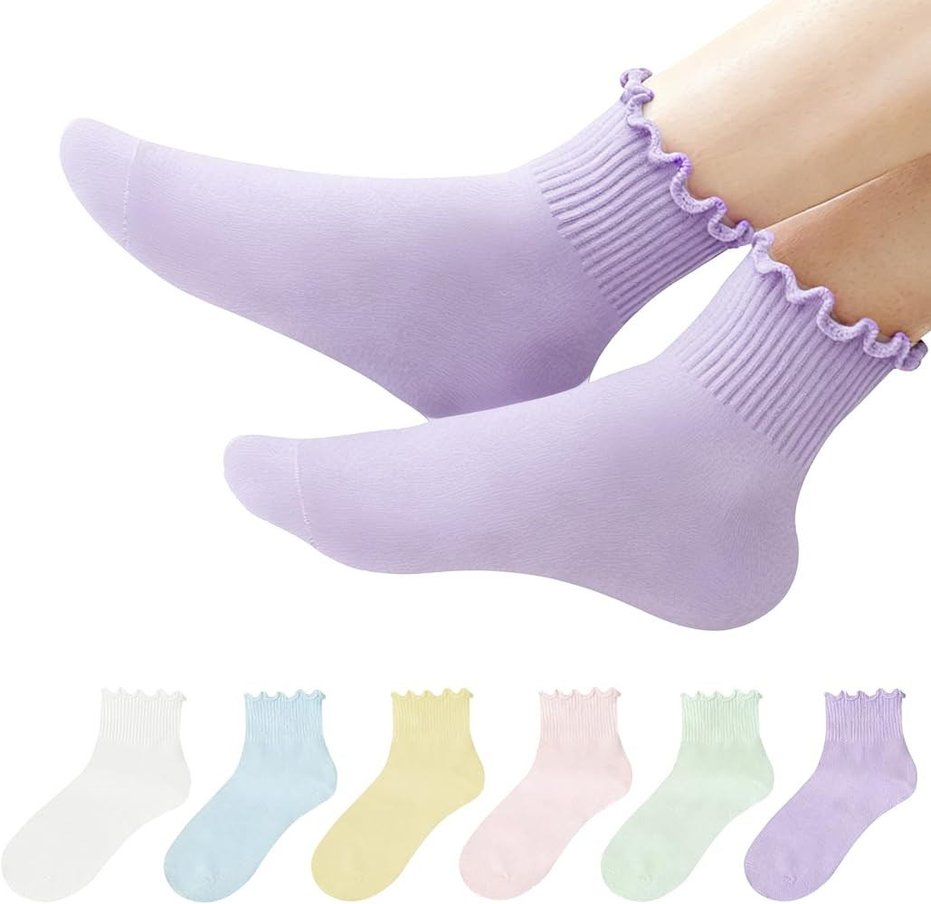 Women Ruffle Ankle Socks 6 Pairs – Cute Lettuce Edge Frilly Cuff Cotton Crew Socks for Women Gi... | Amazon (US)