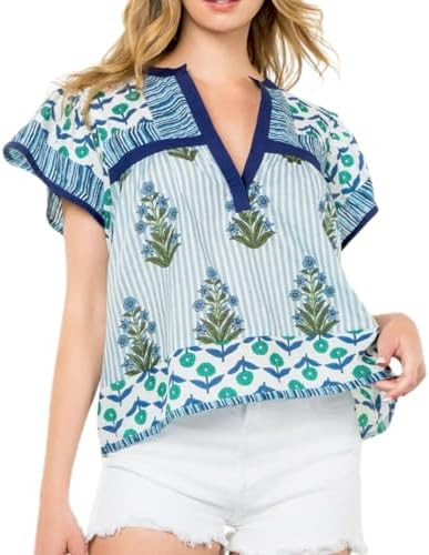 Women Boho Floral Peplum Shirt Flutter Sleeve Ruffle Babyboll Tops V Neck Patchwork Summer Coquet... | Amazon (US)