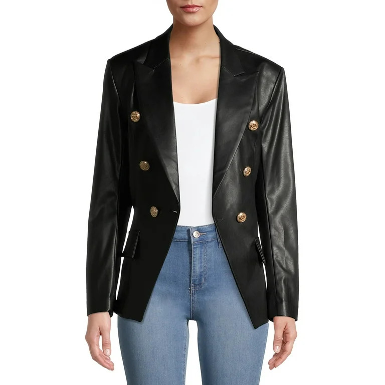 Attitude Unknown Women's Faux Leather Double Breasted Blazer | Walmart (US)