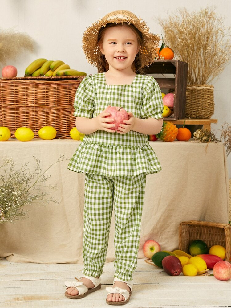 SHEIN Toddler Girls Gingham Ruffle Hem Top | SHEIN