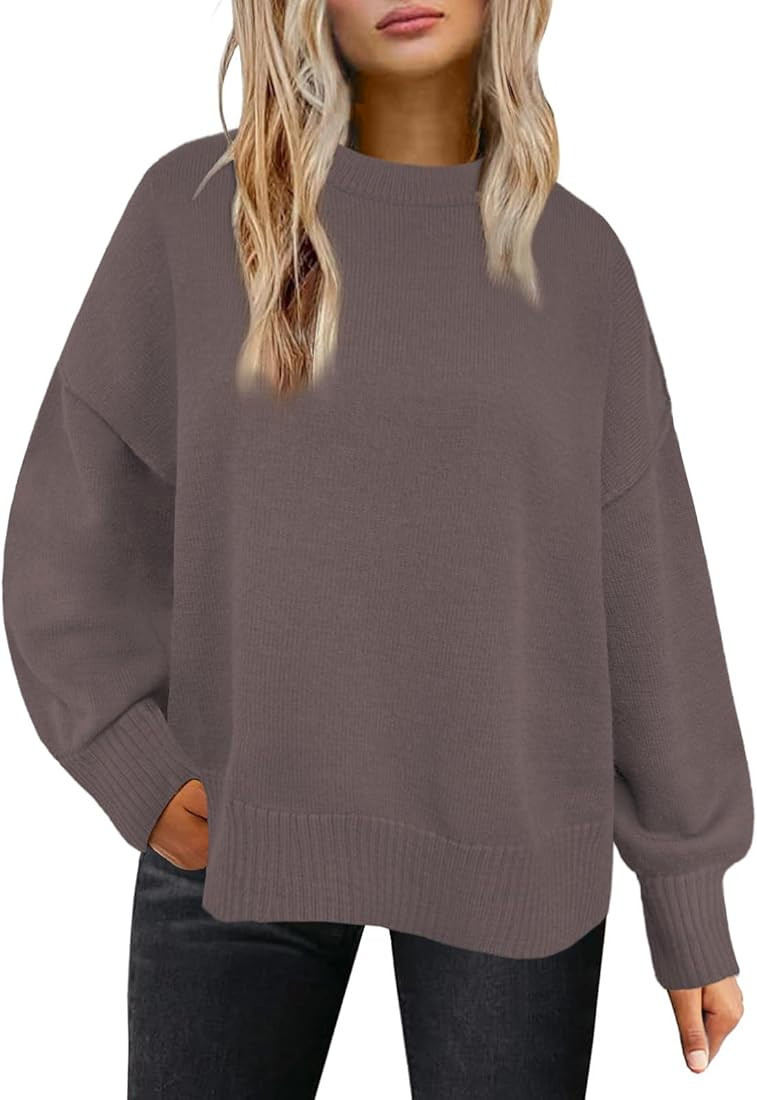 Womens Oversized Sweaters Trendy Ribbed Knit Pullover Tops Side Slit Crewneck Sweatshirts Fall Fa... | Amazon (US)